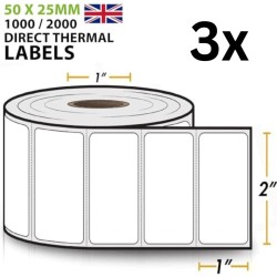 3 Rolls 2" x 1" Direct Thermal Labels 50mm x 25mm – 3000 Perforated Barcode Labels
